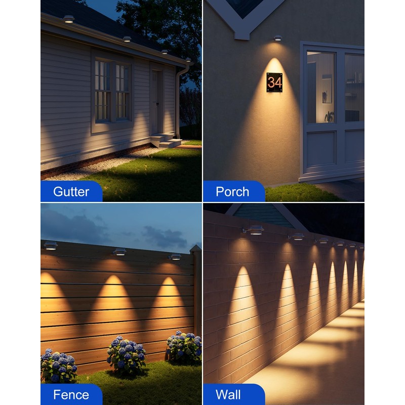 4 Pack White Bright Solar Powered Gutter Mounted Lights Outdoor