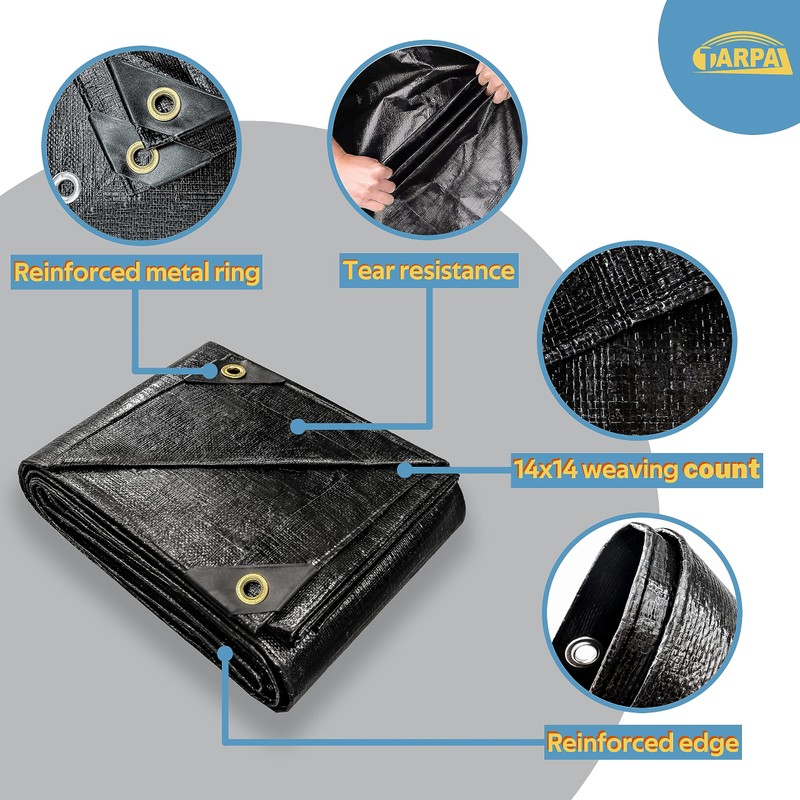 TARPAL Waterproof tarp 8x10 Black Heavy Duty tarp 14mil polyethylene