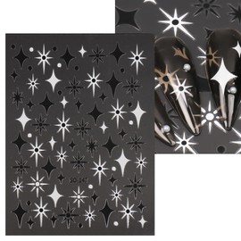 300 pcs/ 5Package Nail Stickers Various Stars 3D Waterproof self Adhesive Nail Stickers with Backing Stamping Gold Silver and Black Star AWN Stickers (Black+White)