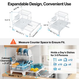 GSlife Large Dish Drying Rack - Extendable 2-in-1 Dish Racks for Kitchen Counter or Over Sink, 2 Tier Dish Drainer with Drainboard, Cups Holder and Utensil Holder, White