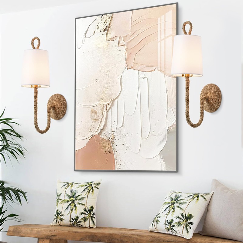 MhyTogn Natural Rattan Wall Sconce Set of 2, with Boho