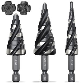 THINKWORK Four Spiral Flute Step Drill Bit Set, 3 Pcs HSS Step Drill Bits (1/8"-7/8") Unibit Step Drill Bit with Tool Box, 1/4" Shank Step Bits for Aluminum, Wood, Plastic, Metal