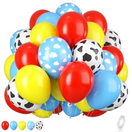 Biapian Toy Inspired Story Balloons - 12 Inch Red, Blue, Yellow Cow Print Sky Blue Cloud Balloons for Kids' Party Themed Decor