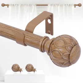 TANGWIN Wood Curtain Rods for Windows 72 to 144 Inch(6-12ft),1 Inch Adjustable Long Curtain Rod,Heavy Duty Curtain Rods,Wooden Netted Texture Drapery Rods,Single Window Curtain Rod 72-150",Brown Wood