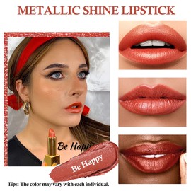 OULAC Lipstick, Metallic Shine Finish, No Grainy Feeling, Long-Lasting Moisturisation, Waterproof, 4.3 g, Red (Be Happy, 05)