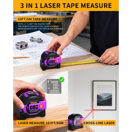 3 in 1 Digital Laser Tape Measure, 197ft/60m Laser Distance Meter, 16ft/5m Digital Tape Measure with Cross Line, AutoLock, ft/in/m Unit Switch, Measure Area, Volume, Pythagorean