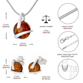 AMBEDORA Small Women's Jewellery Set Amber 344, Pendant with Necklace and Earrings, Baltic Amber in Cognac Colour, 925 Sterling Silver, Gift Idea, Sterling Silver, Amber