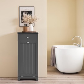 SoBuy Slim Short Laundry Cabinet with Hidden Hamper Bathroom Freestanding Chest Unit with Narrow Sliding Drawer Bath Tilt-Out Basket, Grey BZR21-DG