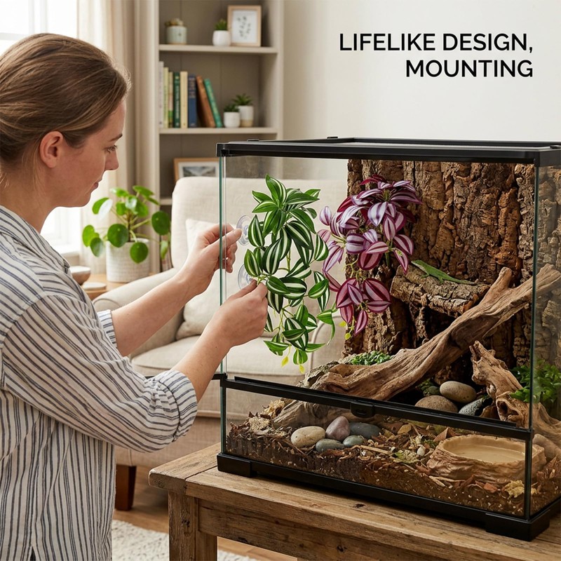 QhgPnt 2 Pack Reptile Plants for Terrarium, Artificial Leaves Habitat