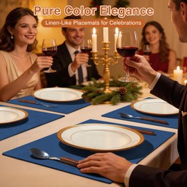 Linen Fabric Placemats Set of 4, Machine Washable, Heat Resistant, Wrinkle Free, Thick Polyester Kitchen Place Mats for Dining Table (Navy Blue)