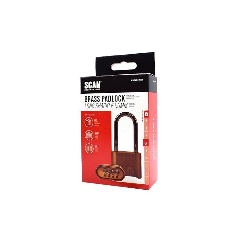 SCAN SCAPLBCOMLS Long Shackle Brass Padlock Combination, 50mm