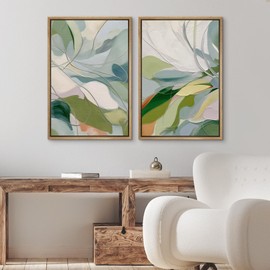 Ashbrook Framed Canvas Print Wall Art Set Green Watercolor Flower Petal Abstract Floral Botanical Illustrations Modern Art Decorative Calm/Relax for Living Room, Bedroom, Office - 24"x36"x2 Natural