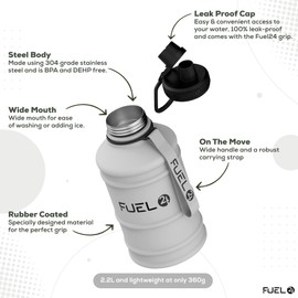 Fuel24 1.3L/2.2L Water Bottle Metal - STRONG, Drop & Leakproof BPA free 1L 2L Water Bottle Stainless Steel (2 Litre) - Large Gym Bottles for Men, Sports Water Bottle, Travel, Hiking Water Bottle