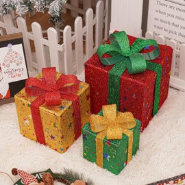 3 Piece Set Christmas Lighted Gift Boxes with 50 LED Lights, Dual Control Modes Pre-Lit Boxes Decorations, Battery-Powered Lighted Christmas Decorations for Christmas Trees and Porches