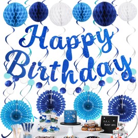 PatiCool Blue Birthday Decorations, Pre-Strung Happy Birthday Banner, Honeycomb Balls, Circle Dot Garland, Paper Fans, Hanging Swirls, Happy Birthday Party Decorations for Men Boys Women Girls