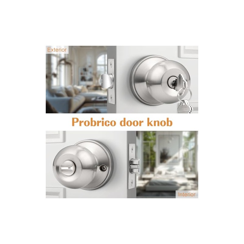 Probrico Brushed Nickel One Keyway Ball Door Knobs Entry Lock