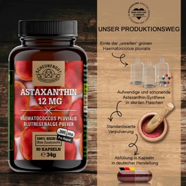 Astaxanthin (vegan) - 12 mg per capsule - IMPORTANT: 100% naturally obtained (no chemicals) I Best bioavailability thanks to estestified structure I No oxidation possible I 120 capsules I from DE SCHENENENGUT®