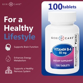 GeriCare Vitamin B-6 50mg Daily Nutritional Support for Healthy Brain Function, Helps Metabolism, Energy and Nervous System Health, 100 Count (Pack of 1)