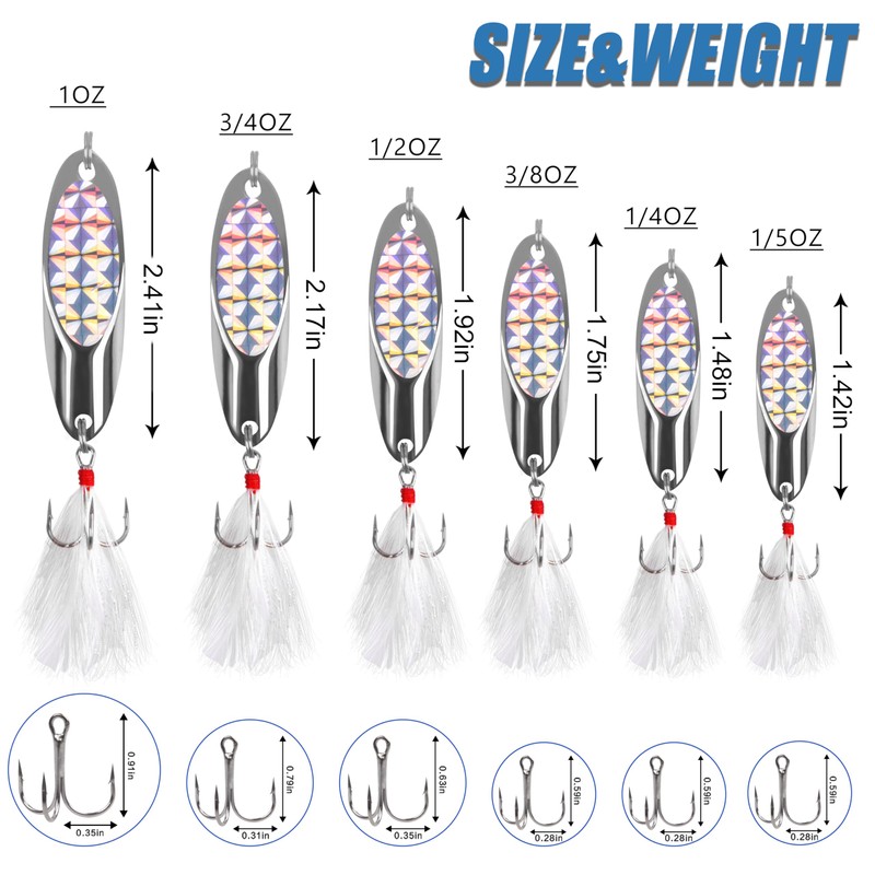 Fishing Spoon Metal Spinner Lures Kit - 5Pcs Spoon Baits