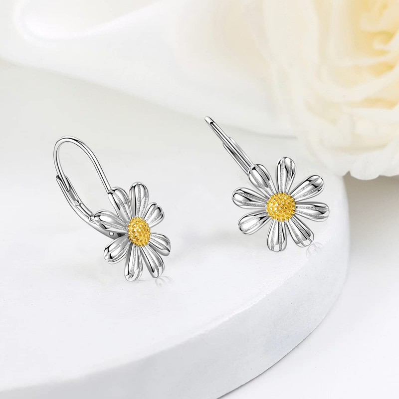 925 Sterling Silver Daisy Earrings 18K White Gold Plated Daisy