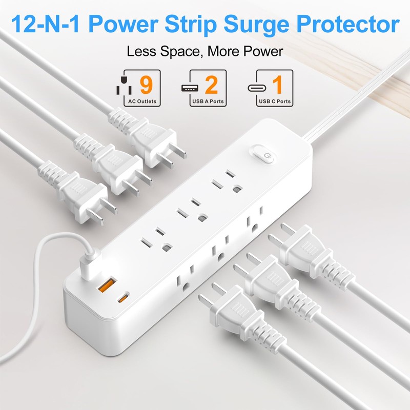 Romatico Power Strip Surge Protector, 12-in-1 Power Bar with Multiple