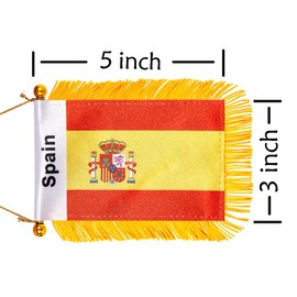 WXTWK 3 X 5 Inch Spain Flag Spanish Window Hanging Flag Small Mini Car Flags Banners Rearview Mirror Decoration With Suction Cup Golden Fringy Banner