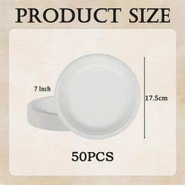 yayafunfun 7inch White Paper Plates Compostable Plates,50Pcs Sturdy Sugarcane Party Paper Plate,Eco-Friendly Super Rigid Biodegradable Bagasse Plates,Heavy Duty Strong Disposable Plates for Party