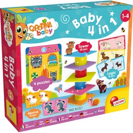 LISCIANI - Carotina Baby - 4-in-1 Games Set for Children Aged 1-4 Years: Balance Tower, 4 Puzzles, Memo, Logic Games, Educational Collection for Comprehensive Learning and Play