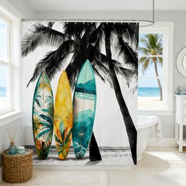 Castle Fairy Surfboard Shower Curtain Tropical Coconut Tree Bathroom Curtain Hawaiian Ocean Beach Barn Door Waterproof Curtain for Kids Adult Room Decor Sea Surfing Sports Bath Curtain