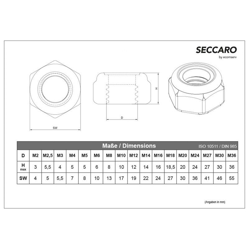 SECCARO M8 Locking Nut Stainless Steel V2A VA A2 DIN