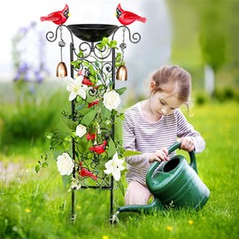 ZYLiWoo 1 Pack Metal Bird Bath with Trellis for Outdoor,Vintage Decorative Birdbath with Cardinal, Small Garden Plant Support, Antique BirdBath for Climbing Plants with Detachable Iron Bowliron pots