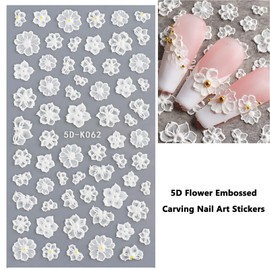 Vnicesli Flower Nail Art Sticker Decals 5D Hollow White Flower Leaf Lace Embossed Carving Design Nail Stickers Self-Adhesive Nail Decals Nail Art Decoration, 3 Sheet