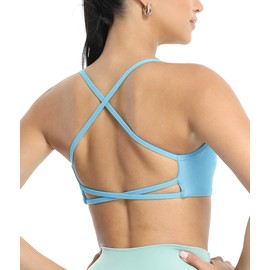 icyzone Women's Sports Bra Padded Spaghetti Straps Yoga Bra Crossed Back Gym Fitness Bra, baby blue