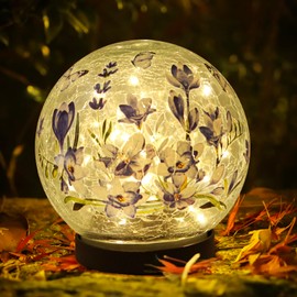 Solar Globe Lights Outdoor Waterproof, Cracked Glass Ball Orb Lights, Waterproof Globes for Garden Pathways, Patio Decor & Backyard Landscaping, Round Ornaments Orbs (Blue Flower)