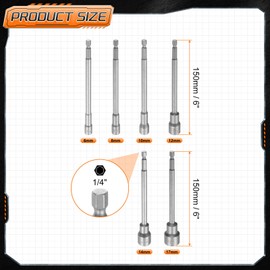 sourcing map 6pcs Nut Driver Drill Bit 6-17mm Metric Impact Socket 1/4" Hex Shank 6" (150mm) Extra Long Magnetic 6-Point Sockets Quick-Change CR-V Steel Bolt Setter for Power Drill Drivers