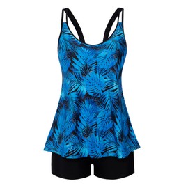 Arolina Women's Tankini Swimsuits Scoop Neck Adjustable Straps Bathing Suit Fashionable Beach Tankini Sets Blue Leaves Large