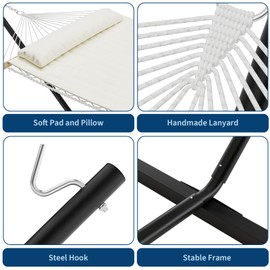 2-Person Outdoor Hammock with Iron Frame Stand, Portable and Lightweight, 475Lb Capacity, Durable Polyester Net Bag and Quilted Cotton Rope Cushion, Perfect for Garden, Camping, and Relaxation