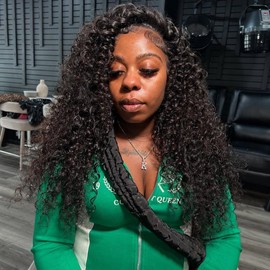 Half Wig Human Hair Deep Wave 3 In 1 Half Wigs for Black Women 200% Density Wear and Go Glueless Wigs Human Hair Drawstring Ponytail Seamless Flip Over No Lace Headband Wig Beginner Friendly 20 Inch