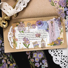 12 Sheets 3D Gilded Vintage Flowers Scrapbook Stickers Set Clear Waterproof PET Holographic Floral Stickers Gold Foil Stickers Scrapbook Supplies for Art Bullet Junk Journal Planners DIY Craft Kits