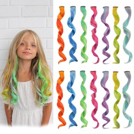 MYKURS Colored Hair Extensions for Girls Women, Curly Hair Extensions Clip ins, Rainbow Hair Extensions for Kids, Little Girl Hair Accessories, 14 Pieces