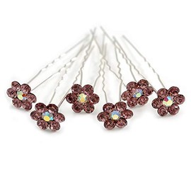 Bridal/Wedding/Prom/Party Set Of 6 Plum/Purple Austrian Crystal Daisy Flower Hair Pins In Silver Tone