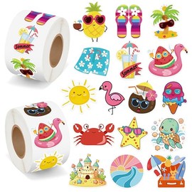 1000Pcs Summer Stickers for Kids, 2 Rolls Hawaiian Tropical Beach Self Adhesive Labels Luau Party Favors for Seasonal Holiday DIY Crafts Teacher Reward Gifts Scrapbooking Water Bottle Decor,16 Designs