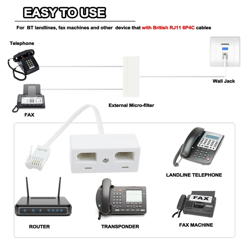 HAWAKA Telephone Splitter 2 Way BT Phone Socket Adapter RJ11