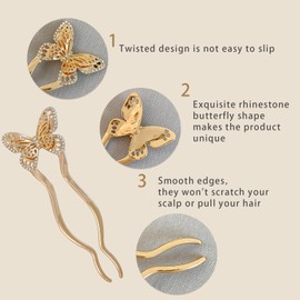 enophe 2PCS 4.92Inch U Shaped French Twist Metal Hair Pins for Women,Butterfly Black Gold Hairpins,Large 2 Prong Long Hair Forks for Long Thick Thin Hair,Rhinestone Hair Sticks for Bun Updo Chignon