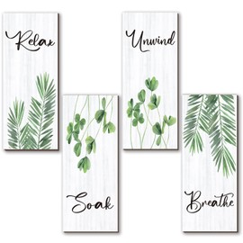 ONIZHITY 4 Pcs Farmhouse Bathroom Decor Green Decoration With Green Leaf Relax Soak Unwind Breathe Positive Wooden Wall Art Rustic for Home Bedroom Living Room Office Kithcen(Green Leaves 10X4 Inch)