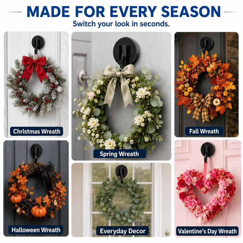 Wreath Hangers for Front Door Magnetic Hooks, Reusable Holder, Black