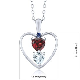 925 Sterling Silver Red Garnet Sky Blue Aquamarine and Blue Created Sapphire Pendant Necklace For Women (0.86 Cttw, Gemstone January Birthstone, Heart 5MM and 4MM, with 18 Inch Silver Chain)