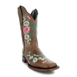 Soto Boots Women's Jasmine Tan Square Toe Boot, Handcrafted Genuine Leather, Embroidered Floral Design, Mid-Calf Bootie M50043 (6)