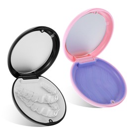 Nogeqi 2 Stück Zahnspangendose, Zahnprothesen Box, Zahnspangenbox, Zahnschienenbox mit Spiegel, Retainer Case Gebissdose Prothesendose (Schwarz & Rosa)