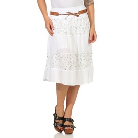 Zarmexx Women's Midi Skirt Cotton Skirt Summer Skirt Knee-Length with Belt Skirt with Floral Pattern, White